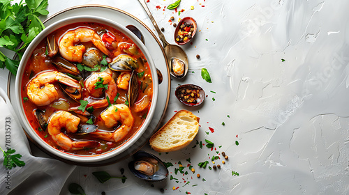 Cioppino seafood stew with shrimp and mussels in bowl. Gourmet cuisine with copy space for design and print. Flat lay food photography