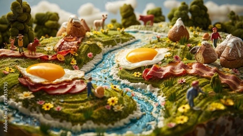 Miniature figures, poster with the theme of food adventure. The background features egg yolk, bacon and milk elements