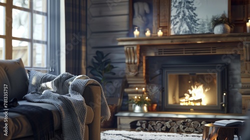 A cozy living room with a fireplace and a couch covered in a blanket. The room has a warm and inviting atmosphere, perfect for relaxing and spending time with family and friends