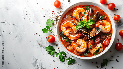 Cioppino seafood stew with shrimp and mussels in bowl. Gourmet cuisine with copy space for design and print. Flat lay food photography photo
