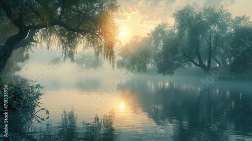Serene Lakeside Landscape Enveloped in Misty Dawn Haze for Peaceful Reflection and Solitude