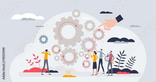 Quality assurance with process monitoring and control tiny person concept. Smooth work management with automation perfection vector illustration. Business efficiency and productivity inspection.