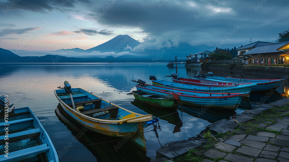 Boats, evening, lake Yamanaka and Mount Fuji in the background banner.