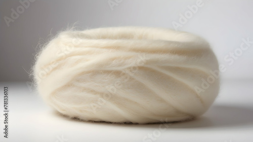 The image features a thick bundle of white unspun wool yarn placed against a white background photo