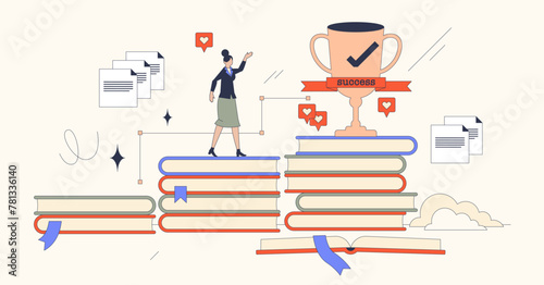 Career development or professional growth in neubrutalism tiny person concept. Climbing career steps on knowledge and skills to reach goal vector illustration. Ambitions to improve and effective grow