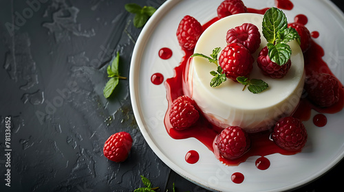 Plate of Panna Cotta with raspberry coulis and fresh raspberries on a dark background. Elegant Italian dessert close-up for design and print. Gourmet sweet treat concept with copy space