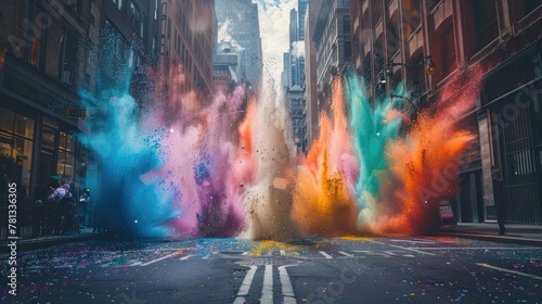 Vibrant Powder Explosion Transforms Bustling City Street into a Magical Wonderland of Color and Joy photo