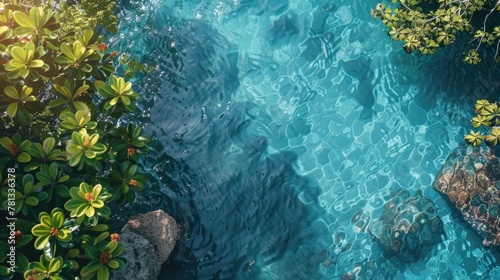 A body of water with a rock in the foreground and a lush green background