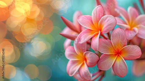 Banner of pink frangipani plumeria flowers with copy space on blue background and golden bokeh.