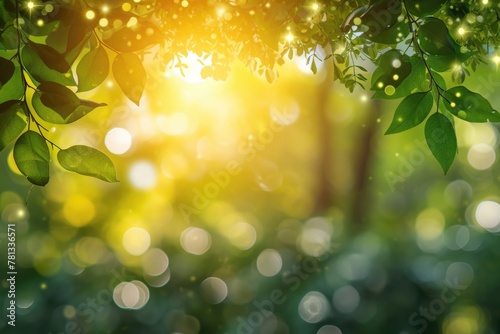 A leafy green forest with a bright sun shining through the leaves © vefimov