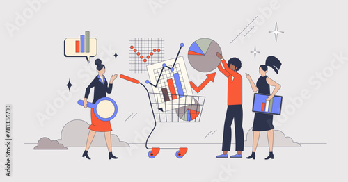 E-commerce analytics and sales calculation neubrutalism tiny person concept. Business data research using audit and financial charts with profit information vector illustration. Company development.