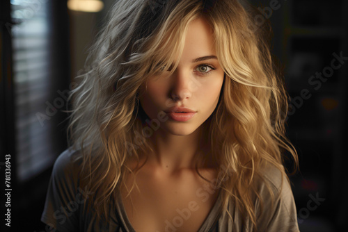A dreamy and blurred background framing a close-up portrait of the most beautiful blondie young girl, captured in high-definition by an HD camera. photo