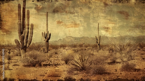 Landscape of the desert with Saguaro cacti. Photo in retro style. photo