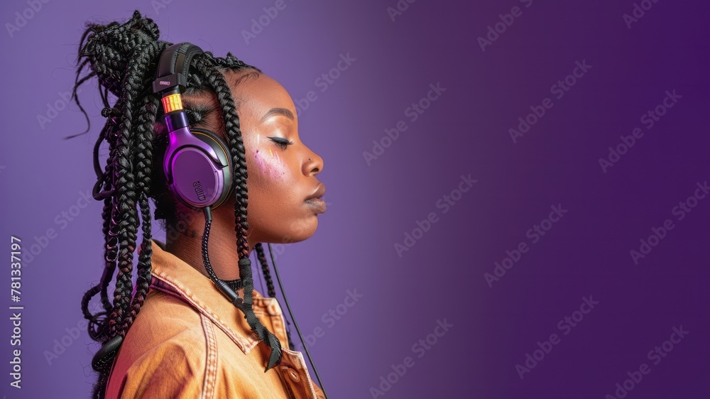 Side view portrait of young african american woman wearing headphones isolated on purple background