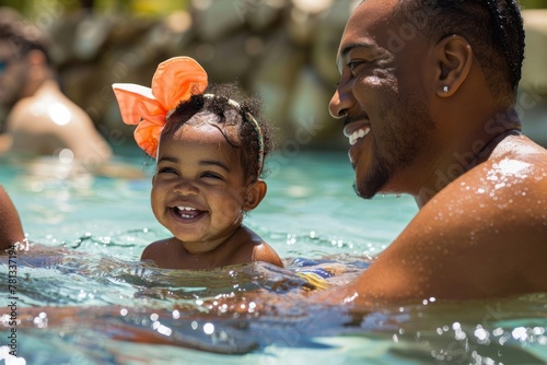 Portrait of happy american african black father with kids smiling in a pool photo