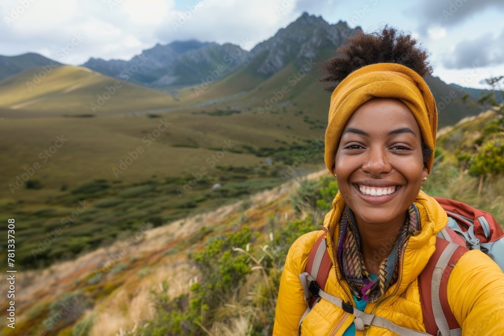 Young smiling black woman taking selfie while hiking alone in mountains