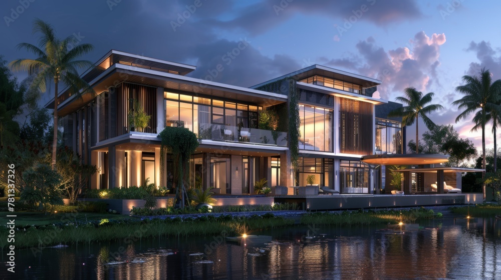 Fototapeta premium 3d rendering of modern house by the river at morning, house, luxury, villa, modern, architecture, building, exterior, residential, property, designer