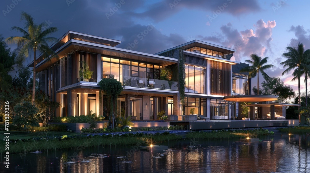 3d rendering of modern house by the river at morning, house, luxury, villa, modern, architecture, building, exterior, residential, property, designer