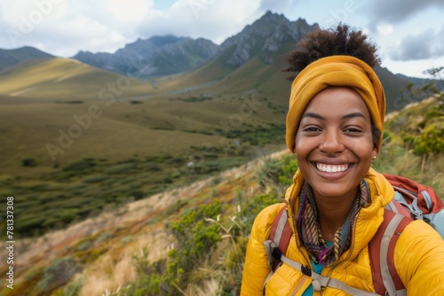 Young smiling black woman taking selfie while hiking alone in mountains