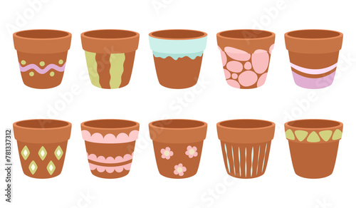 Empty, flower, clay pots. Vector set on white background.
