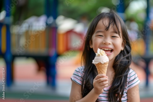 Portrait of Child girl laughs joyfully while eating a vanilla ice cream cone on a sunny summer day at the park
