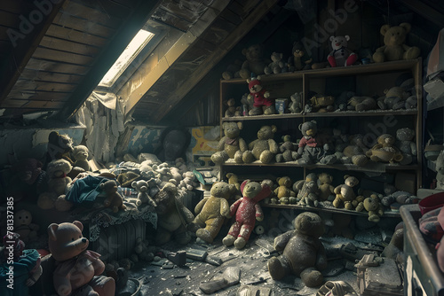 Old, dusty teddy bears with worn-out fur and missing eyes, sitting abandoned in a dimly lit attic, evoking nostalgia and the passage of time.