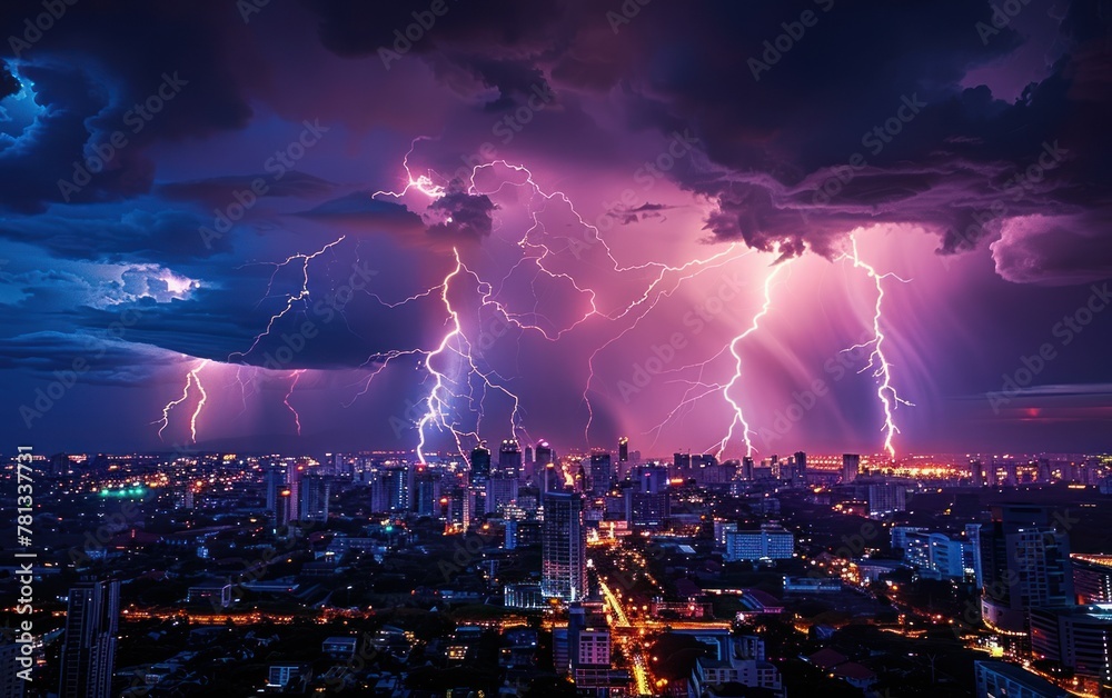 Obraz premium Lightning storm over urban landscape