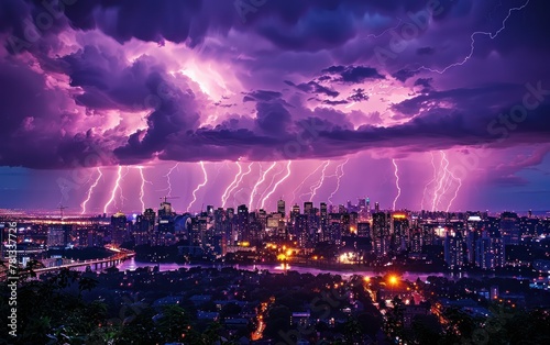 Thunderstorm over city skyline with lightning