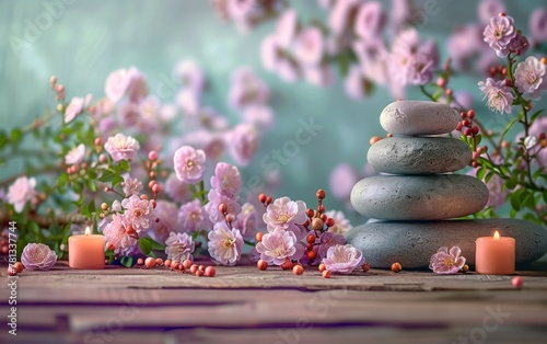 Zen stones with cherry blossoms and candles
