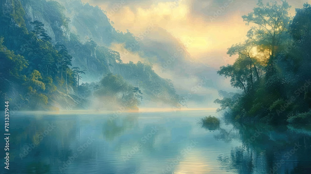 Serene Dawn Mist over Tranquil Lake Surrounded by Forested Mountains in Ethereal Landscape