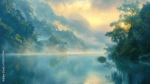 Serene Dawn Mist over Tranquil Lake Surrounded by Forested Mountains in Ethereal Landscape