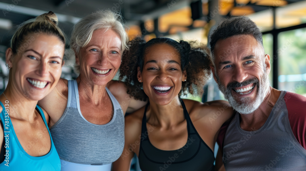 Smiling group older of friends in sportswear laughing together while standing arm in arm in a gym after a workout, senior, healthy, friendship, adult, exercising, together, lifestyles.