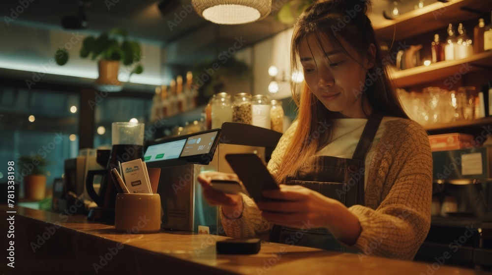 Woman use smartphone to scan QR code for order menu in cafe restaurant with a digital delivery. Choose menu and order accumulate discount. E wallet, technology, pay online, credit card, bank app. Woman use smartphone to scan QR code for order menu in cafe restaurant with a digital delivery. Choose menu and order accumulate discount. E wallet, technology, pay online, credit card, bank app.