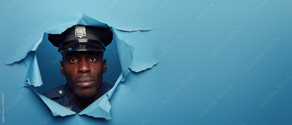 A police officer looks seriously through a break in blue paper, indicating alertness and readiness - obrazy, fototapety, plakaty 