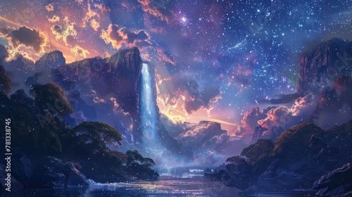 Celestial Cascade A Majestic Waterfall Descending from the Heavens Reflecting Shimmering Starlight on a Cosmic Voyage