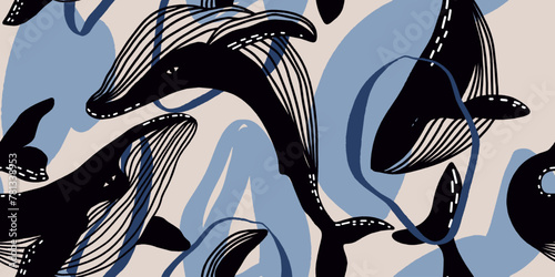 Seamless pattern with whales. Line art pattern for wallpaper, web page background, surface textures.
