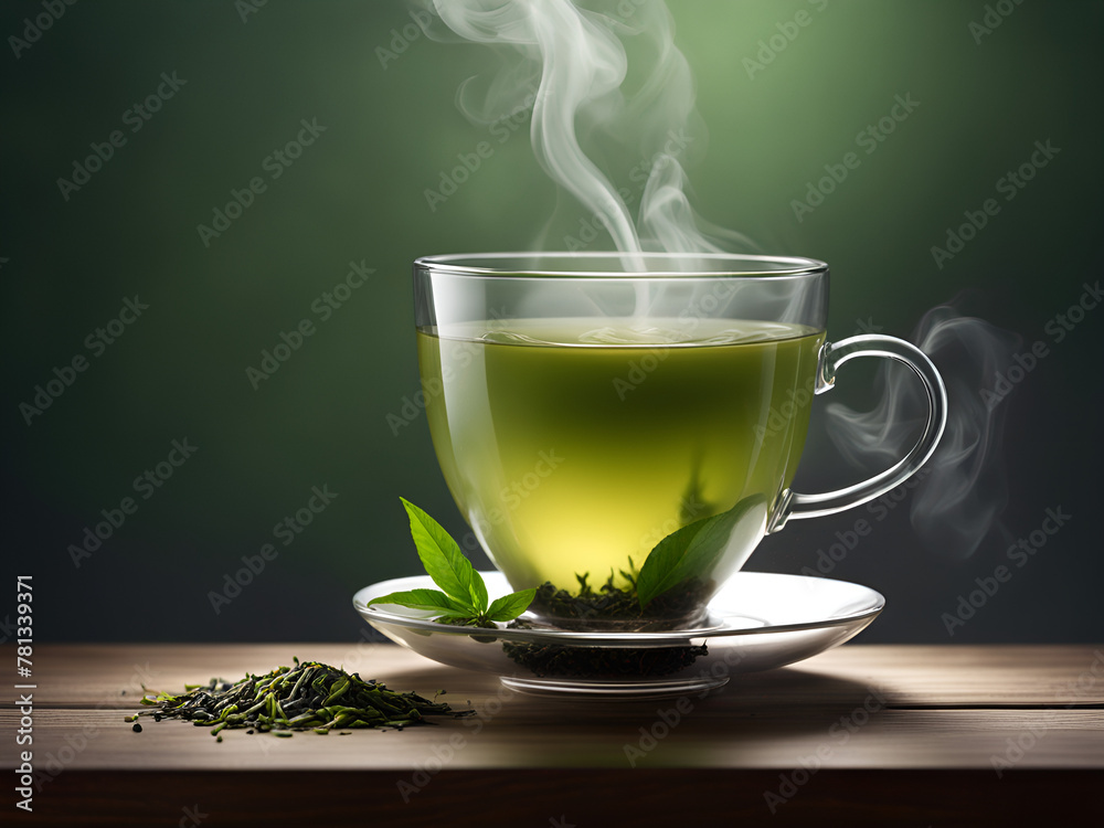 A cup of tea is placed on the table, steaming with heat. Transparent glass tea cups, green tea leaves, a quiet attitude towards life, still life pictures A cup of tea is placed on the table, steaming with heat. Transparent glass tea cups, green tea leaves, a quiet attitude towards life, still life pictures