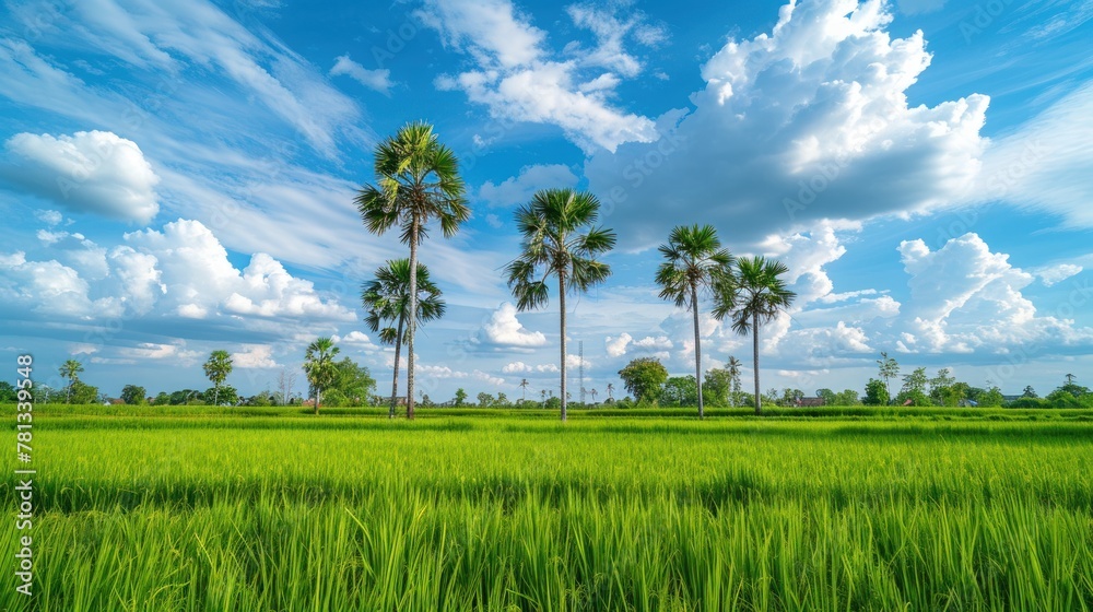 Landscape scenery of green rice fields with background of scattered sugar palm trees and blue cloudy sky