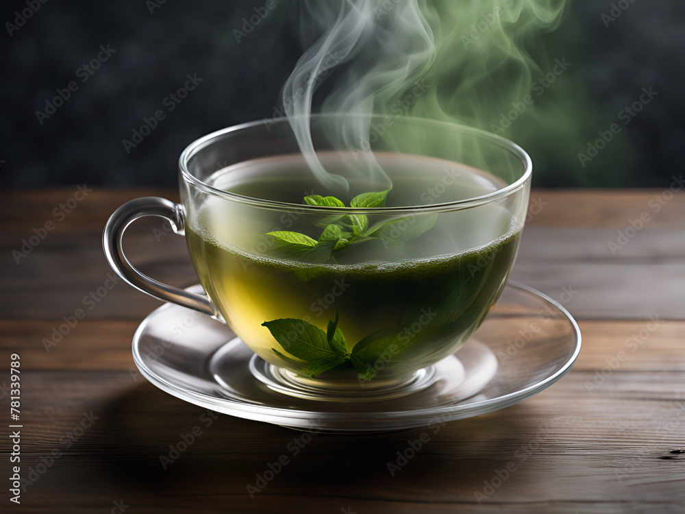 A cup of tea is placed on the table, steaming with heat. Transparent glass tea cups, green tea leaves, a quiet attitude towards life, still life pictures A cup of tea is placed on the table, steaming with heat. Transparent glass tea cups, green tea leaves, a quiet attitude towards life, still life pictures