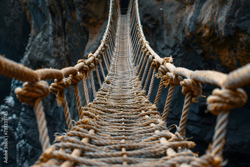 Suspension bridge made of ropes leading across a canyon with rocky walls on either side, focusing on the texture and pattern of the ropes.