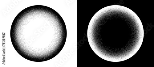 Halftone round as icon or background. Abstract vector circle frame with dots as logo or sun concept. Black shape on a white background and the same white shape on the black side.