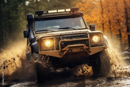 Off-road vehicle driving through a muddy puddle in a forest