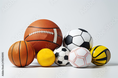 Collection of various sports balls on a white background