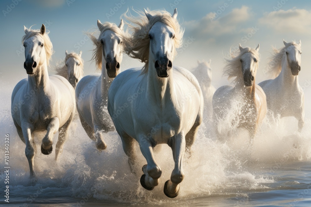 Obraz premium White horses running through water