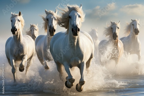 White horses running through water