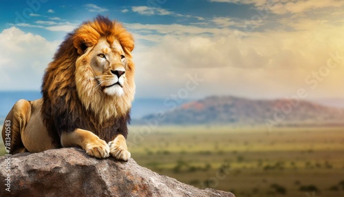 A lion on a rock in the middle of the savannah with empty space for text in the image. 