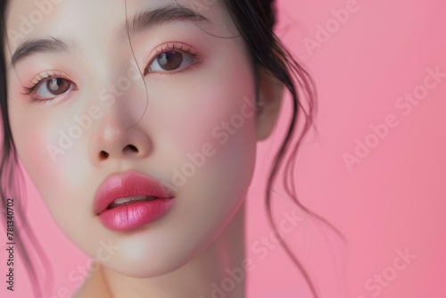 A close-up of a young woman s face highlighting her flawless complexion and striking makeup on a pink background. Close-Up of Young Woman with Flawless Skin