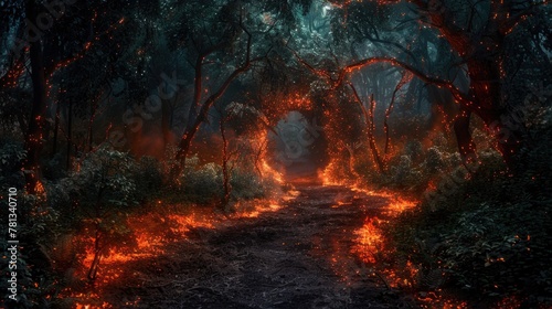 Ember Essence Enchanting Embers Casting a Mystical Glow upon the Mysterious Forest Path