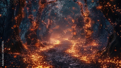 Enchanted Embers Illuminating Mysterious Forest Pathways Casting Captivating Glow Upon Adventurous Woodland Explorer
