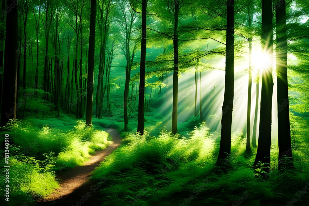 Fototapeta premium Sunlight floods the springtime forest.